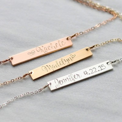 Personalized Horizontal Bar Necklace, Hand Stamped Name, Sterling Silver, Yellow Gold, Rose Gold, Name Plate, Date, Custom
