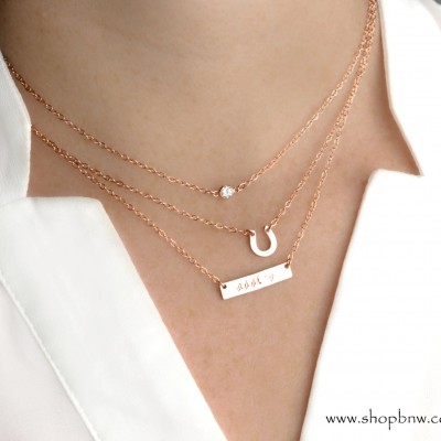 Personalized Mini Bar Necklace Set / Gold, Silver, Rose Gold / Name Necklace Handstamped Initial / CZ Necklace / Horseshoe