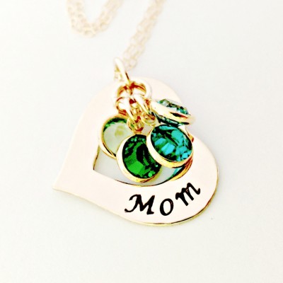 Personalized Mom Jewelry - Custom 14K Gold Filled Open Heart Washer Necklace with Birthstone Crystals - Mother, Wife, Nana, Gift for Her