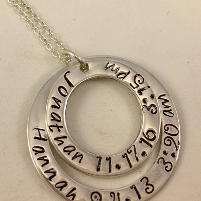Personalized Mom Necklace - Sterling Silver- Kids' Names, Birth Dates, and Birth Times - 2 Washer Discs