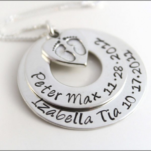 Personalized Mom Necklace | Hand Stamped Mother Necklace,  Baby Feet Necklace, Children's Names Birthdates