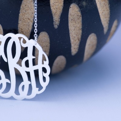 Personalized Monogram Necklace Sterling Silver Custom Handmade Silver Monogram Pendant 1.25", Perfect Gift For Women