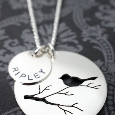 Personalized Mother Bird Necklace - Bird on Branch Necklace - Hand Drawn, Cut, and Stamped - Sterling Silver Charm with Baby Name