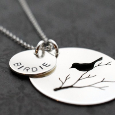 Personalized Mother Bird Necklace - Bird on Branch Necklace - Hand Drawn, Cut, and Stamped - Sterling Silver Charm with Baby Name