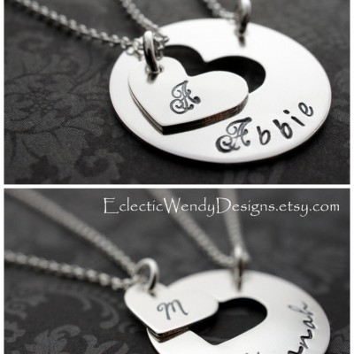 Personalized Mother Daughter Jewelry - Heart Necklace Set in Sterling Silver by Eclectic Wendy Designs