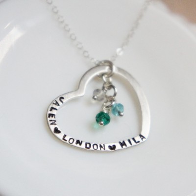 Personalized Name Birthstone Necklace Heart Stamped Mothers Jewelry Sterling Silver Gift for Her