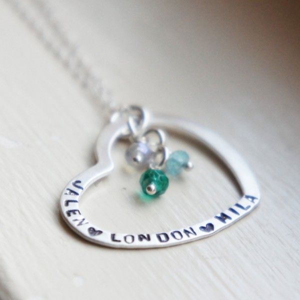 Personalized Name Birthstone Necklace Heart Stamped Mothers Jewelry Sterling Silver Gift for Her