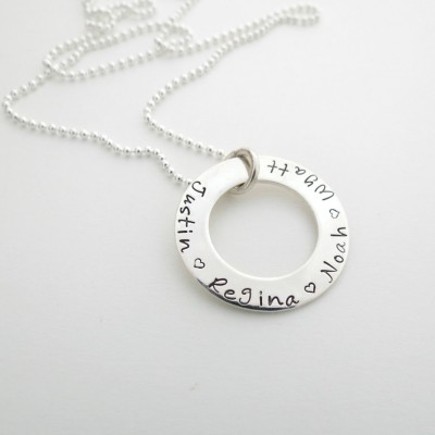 Personalized Necklace - Personalized Jewelry - Kids Names - Mothers Necklace - Washer Necklace - Hand Stamped - Engraved - Sterling Silver