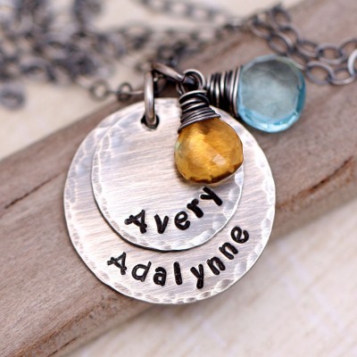 Personalized Necklace, Mother's Necklace, Mothers  Necklace with Gemstones, Name Necklace, Rustic Mom Necklace