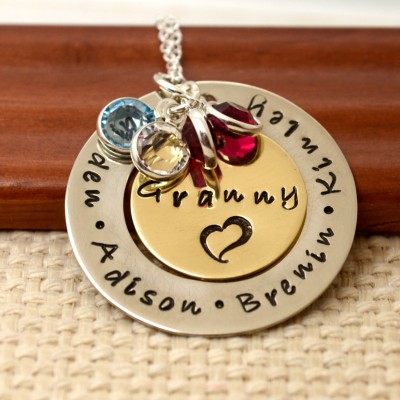 Personalized Necklace for Mommy or Grandma, Hand Stamped Jewelry, Custom Neckace, Mother's Day, Mother, Birthstone, Washer Necklace