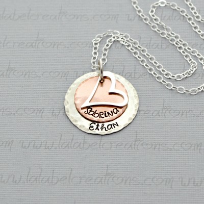 Personalized Necklace with Heart Charm, Mixed Metal Necklace with Kids Names Necklace, Hand Stamped Disc Necklace for Mom, Family Necklace