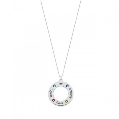 Personalized Open Circle Pendant Necklace in 925 Sterling Silver With the names and birthstones of your loved
