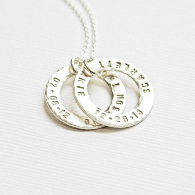 Personalized Silver Baby Name and Birthdate Necklace - Washer Ring Circle Pendant - Mother's Day Gift - Push Present