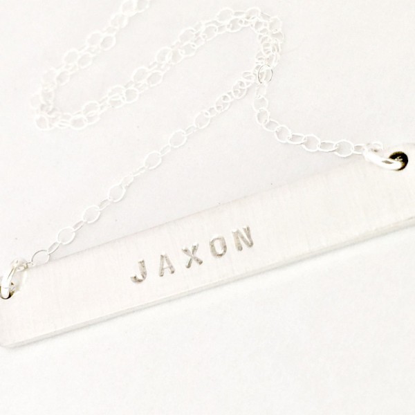 Personalized Silver Bar Name Necklace - DOUBLE SIDED Hand Stamped Custom Jewelry - Secret Message Trendy Mom Layered Stacking Necklace Gift