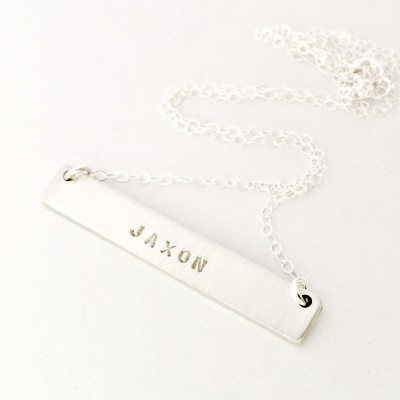 Personalized Silver Bar Name Necklace - DOUBLE SIDED Hand Stamped Custom Jewelry - Secret Message Trendy Mom Layered Stacking Necklace Gift