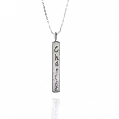 Personalized Silver Vertical Bar Necklace. Paw Prints Necklace Commemorating Animals. Customized Animal Name & Paw Print. Silver Square Bar.