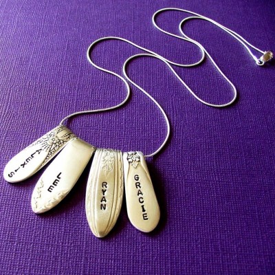 Personalized Silverware Necklace Spoon End Mothers Charm Necklace Hand Stamped Flatware Jewelry Kids Names Unique Grandma Gift Vintage Spoon