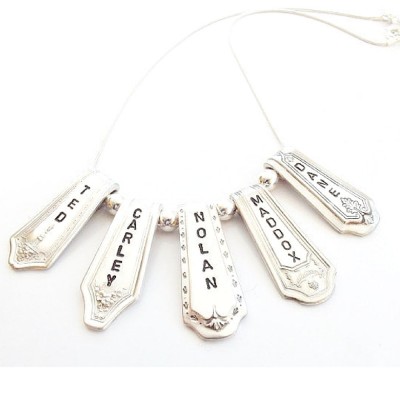 Personalized Silverware Necklace Spoon End Mothers Charm Necklace Hand Stamped Flatware Jewelry Kids Names Unique Grandma Gift Vintage Spoon
