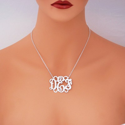 Personalized Sterling Silver 3 Initials Monogram Necklace 1 3/4 inch wide SM34C