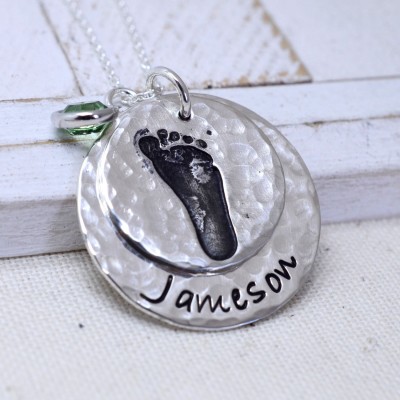 Personalized Sterling Silver Baby Keepsake Necklace - Your Baby's ACTUAL Footprint - Birthstone Name Or Due Date Gift for New Moms Mommys