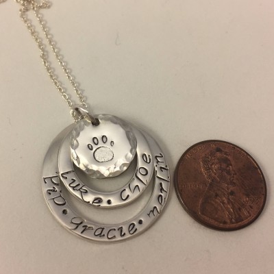 Personalized Sterling Silver Dog Washer Necklace/Jewelry w/ Paw Print & Names - Christmas Gift
