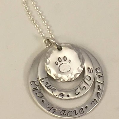 Personalized Sterling Silver Dog Washer Necklace/Jewelry w/ Paw Print & Names - Christmas Gift