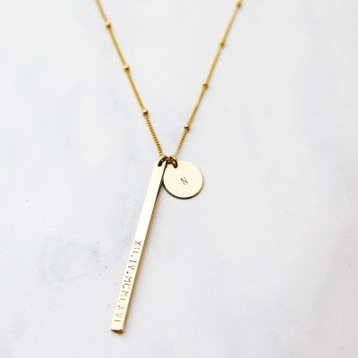 Personalized Vertical Bar Necklace with Name Disc . Coordinate and Name Bar Plate with Initial Disc. Matinee Long Necklace . Gift for Her