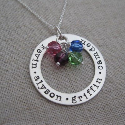 Personalized Washer Necklace with Birthstones - Silver Name Necklace - Personalized Name Pendant - Necklace for Mom Grandma Nana
