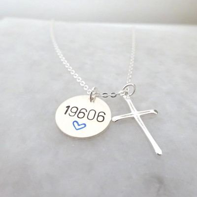 Personalized disc necklace for Police wife with Sterling silver cross charm, Custom law enforcement badge number pendant, Police necklace