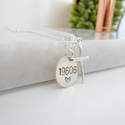 Personalized disc necklace for Police wife with Sterling silver cross charm, Custom law enforcement badge number pendant, Police necklace