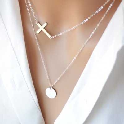 Personalized double layer 14K Gold Filled Necklace- Customized Initial Disk and sideways Cross, You can make your choice number of Disks