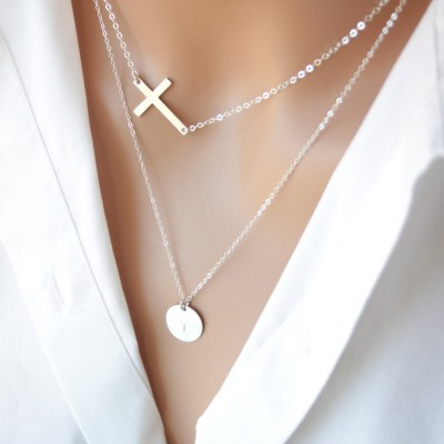 Personalized double layer 14K Gold Filled Necklace- Customized Initial Disk and sideways Cross, You can make your choice number of Disks