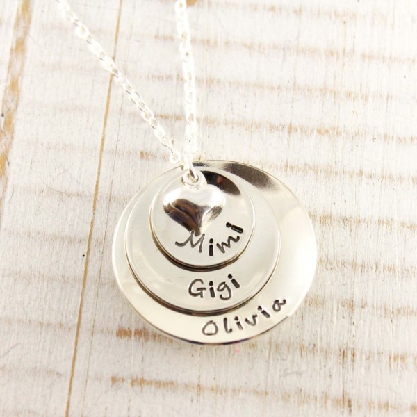 Personalized hand stamped sterling silver Mother's or Grandmother's name necklace, Mommy jewelry, Stacked disc necklace