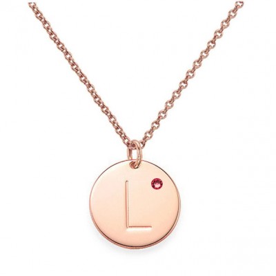 Personalized initial Circle Disc Pendant Necklace in 18k Rose Gold Plated 925 Sterling Silver With Birthstone
