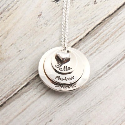 Personalized jewelry - Mom necklace - Mommy jewelry - Custom hand stamped - Sterling silver - Name necklace - Stacked necklace with heart