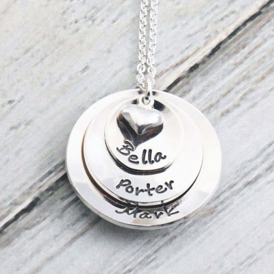 Personalized jewelry - Mom necklace - Mommy jewelry - Custom hand stamped - Sterling silver - Name necklace - Stacked necklace with heart