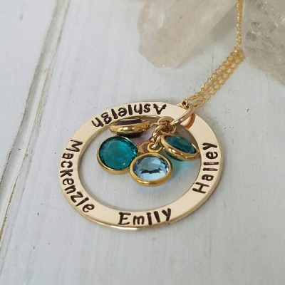 Personalized mother necklace, 14kt Gold Filled, 4 name Necklace,  hand stamped, gold name Necklace, Birthstone Jewelry, grandmother necklace