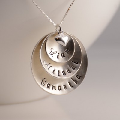 Personalized mother necklace. Domed disc necklace. Handstamped necklace
