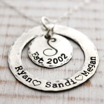 Personalized washer necklace - Rustic hand stamped sterling silver eternity style necklace with monogram initial