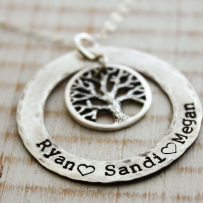 Personalized washer necklace - Rustic hand stamped sterling silver eternity style necklace with tree of life