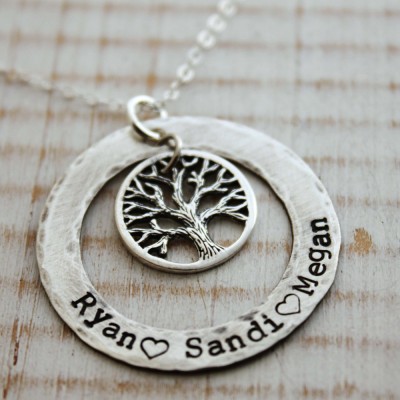 Personalized washer necklace - Rustic hand stamped sterling silver eternity style necklace with tree of life