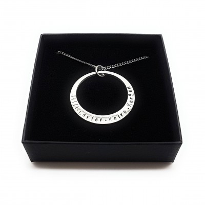 Plain Silver Circle Pendant with Personalised Text Silver Necklace and Gift box Included, Hand Stamped quality surgical steel hypoallergenic