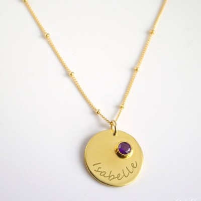 Purple Amethyst Necklace, February Birthstone Necklace Personalized Bridesmaid Necklace Engraved Gemstone Disk Necklace Custom Name Necklace