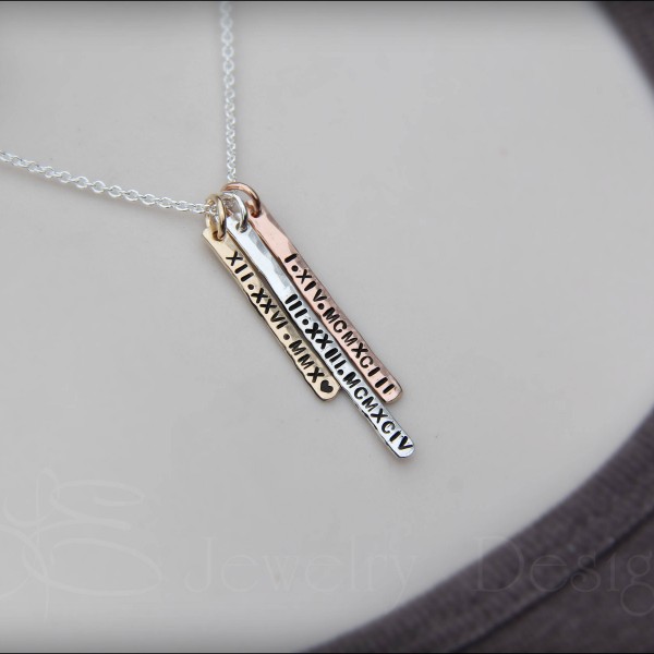 ROMAN NUMERALS BAR necklace - gold silver rose gold vertical bar, skinny bar necklace, mother's necklace, mixed metal, handstamped bar