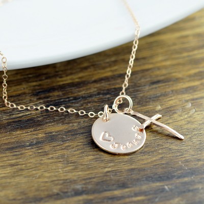 Rose Gold Cross Necklace -Personalized Name Necklace, Personalized Hand Stamped Necklace, Rose Gold Jewelry, Cross Necklace, Gift for Her
