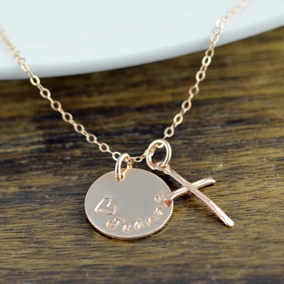 Rose Gold Cross Necklace -Personalized Name Necklace, Personalized Hand Stamped Necklace, Rose Gold Jewelry, Cross Necklace, Gift for Her