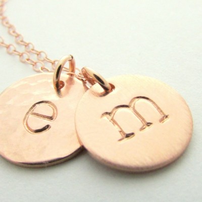 Rose Gold Initial Necklace | Letter Charms | Brushed Hammered Shiny | 14K Gold Filled