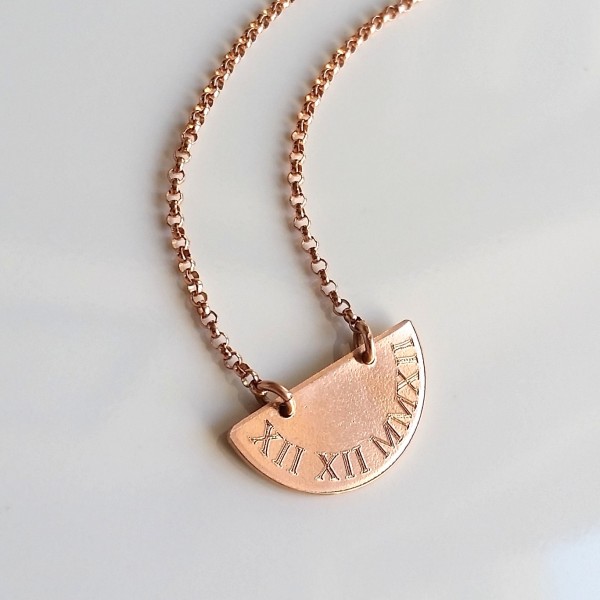Rose Gold Roman Numeral Necklace - Rose Gold Disc Necklace - Save The Date Necklace - Personalized Date Necklace - Engraved Necklace