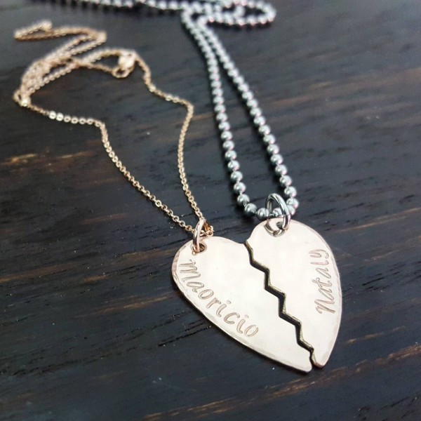 Rose gold 14kgf broken heart hand stamped couples necklace set, personalized jewelry by Miss Ashley Jewelry