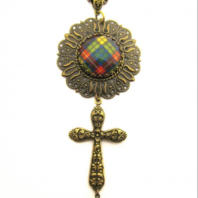 Scottish Tartan Jewelry - Ancient Romance Series - Buchanan Repousse Cross Medallion Necklace with Emerald Czech Glass Gem